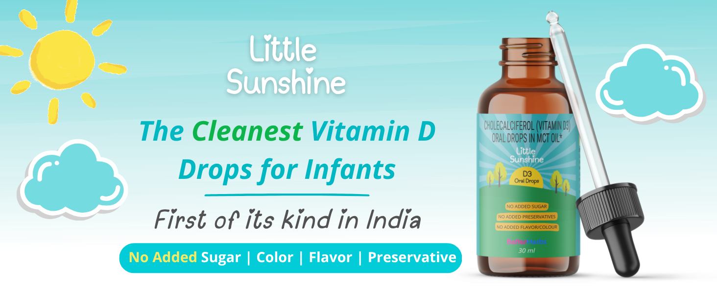 Little Sunshine Vitamin-D Drops for Infants: India's First Vitamin D3 with No Sugar + No Preservatives + No Color + No Flavor | 0.5ml daily dose | 30ml - 2months supply