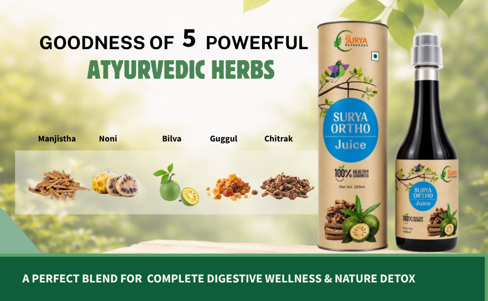Surya Ortho Juice, Mildly Sweet and Nutty, Ayurvedic Joint and Bone Health Supplement, Liquid, with Manjistha, Noni, Bilva, Guggul and Chitrak, Joint Pain Relief, Flexibility and Strength Support, 500ml