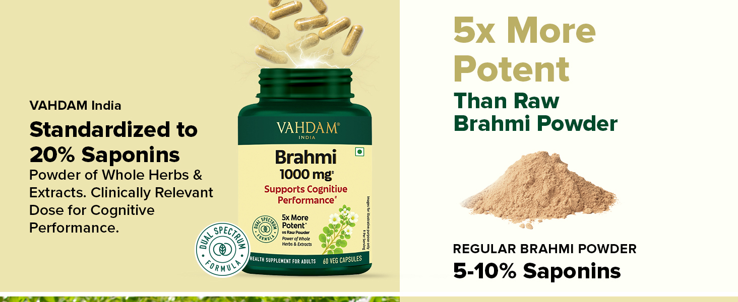 VAHDAM Brahmi Capsules 1000mg | Bacopa Monnieri for Memory, Focus & Cognitive Performance | Dual Extract: Whole Herb + 20% Saponins Standardised Extract | 60 Veg Capsules | Brain Supplement