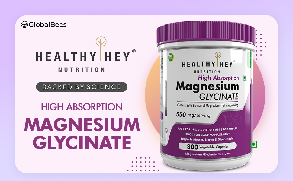 HealthyHey Nutrition Magnesium Glycinate Supplement High Absorption for Sleep, Cramps, & Nerves Health - 300 Vegetable Capsules