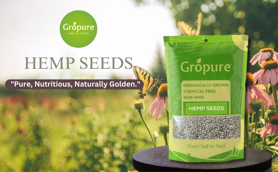 GroPure Organic: From Soil to Soul - Hemp Seeds for Eating 725 g I Hemp Seeds I High in Protein, Fibre I Perfect for Smoothies, Salads, Baking I Organic Hemp | Suitable for Keto & Vegan Diets | Natural Plant-Based Nutrition
