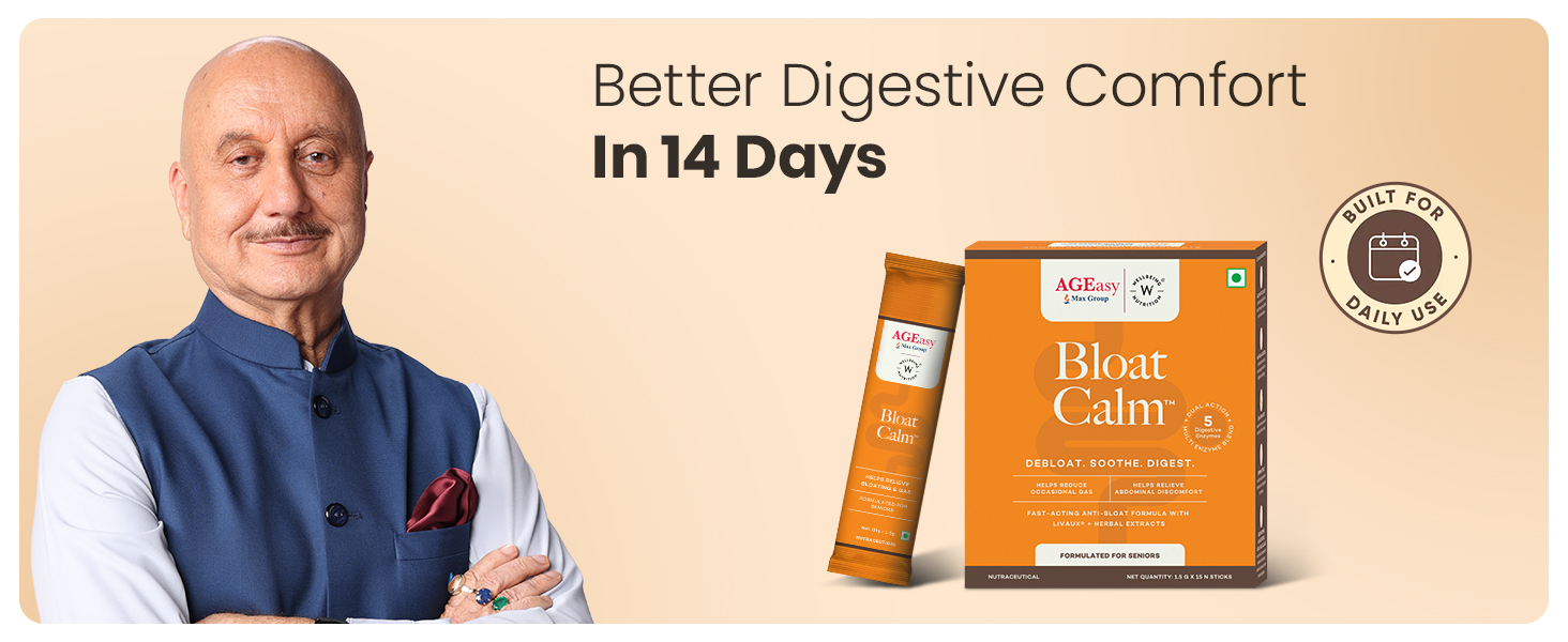 AGEasy x Wellbeing Nutrition Bloat Calm for Seniors | Reduces Bloating & Gas | 3-in-1 Gut Active Formula with Livaux®, 5 Digestive Enzymes & Herbal Extract | Raw Mango Flavour, 15 Sachets