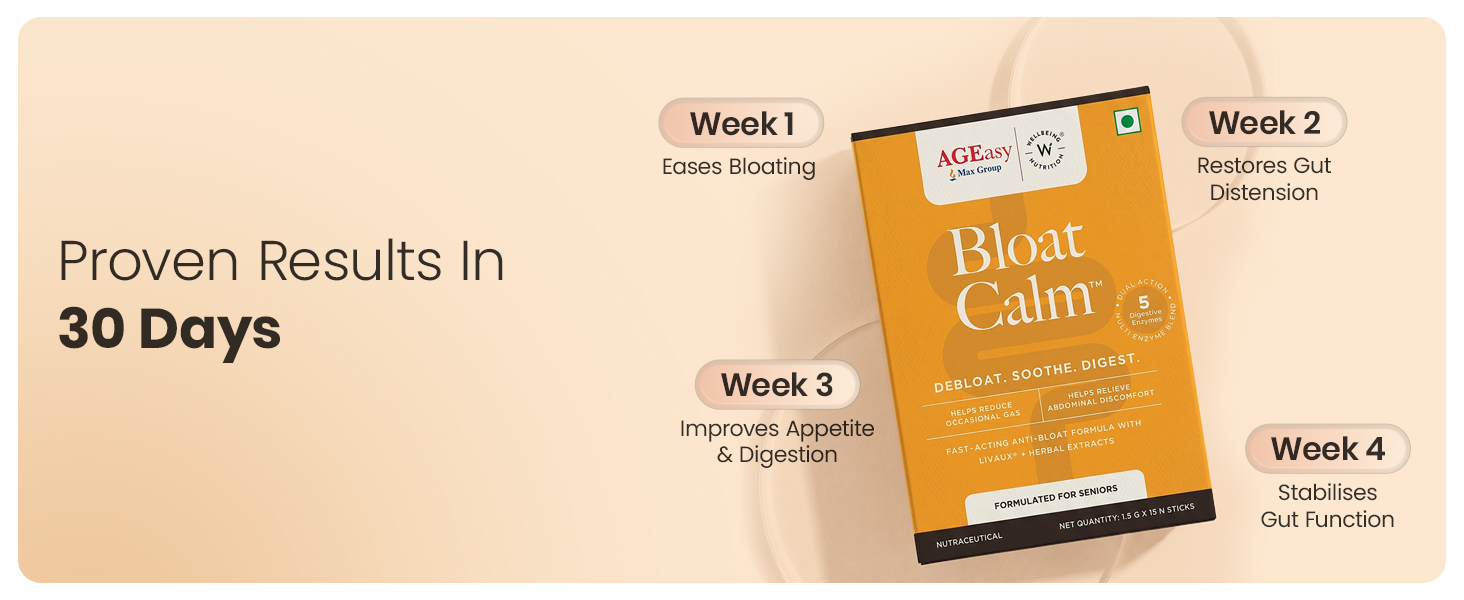 AGEasy x Wellbeing Nutrition Bloat Calm for Seniors | Reduces Bloating & Gas | 3-in-1 Gut Active Formula with Livaux®, 5 Digestive Enzymes & Herbal Extract | Raw Mango Flavour, 15 Sachets