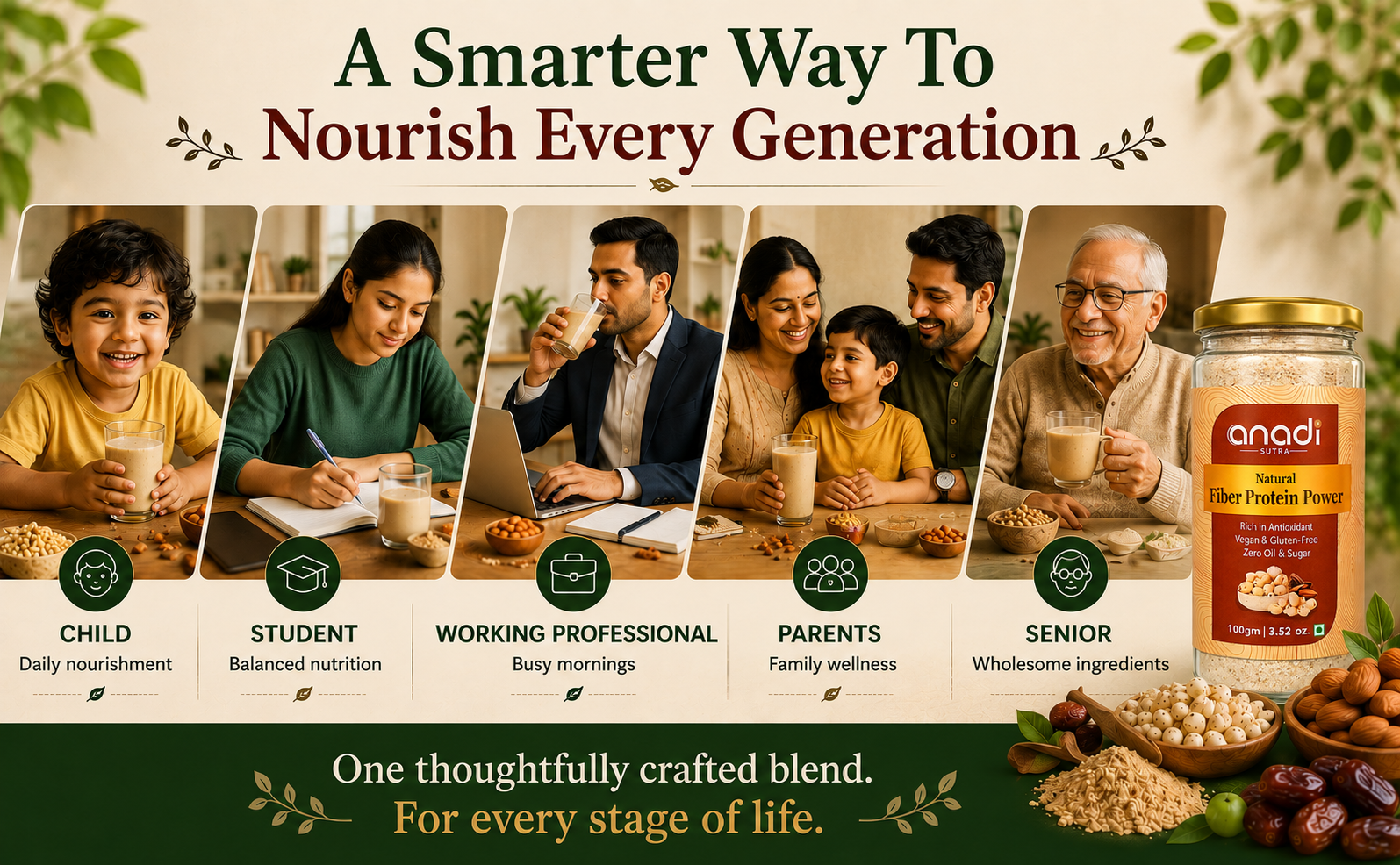 Anadi Sutra Fiber Protein Power 100g | Whole Food Drink Mix | Rich in Fiber | Made with Mamra Almonds, Fox Nuts, Psyllium Husk, Sorghum & Ashwagandha | No Protein Isolates | No Added Sugar