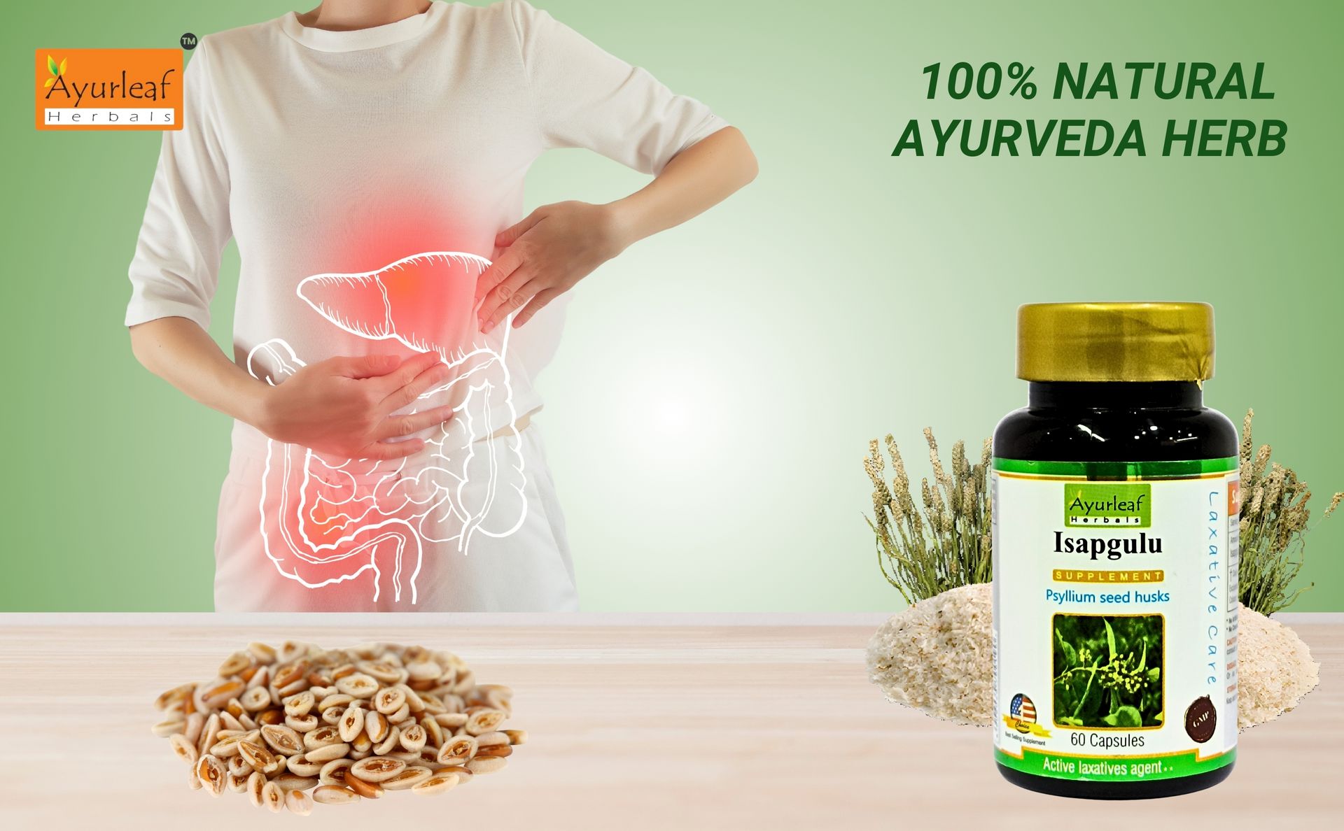 Ayurleaf Herbals Isapgulu Husk Capsules | For Better Digestion, Fiber Supplement & Constipation | 100% Natural Herbal supplement (60 Capsules)