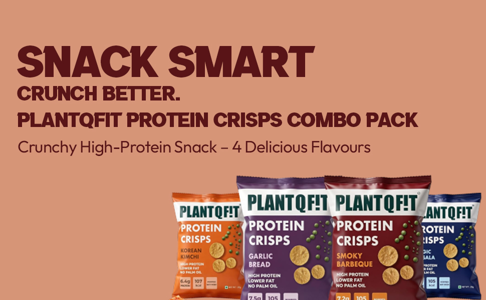 PLANTQFIT High Protein Chips-Savoury Crunchy Namkeen |56g Protein Per Combo, Baked Not Fried, Plant Based| Protein Chips and Snacks, Low Calorie Healthy Snacks for Adults | 8 Combo Packs | 4 Gourmet Flavours: Barbeque, Garlic Bread, Masala Magic, Korean Kimchi | Guilt-Free Diet Snack