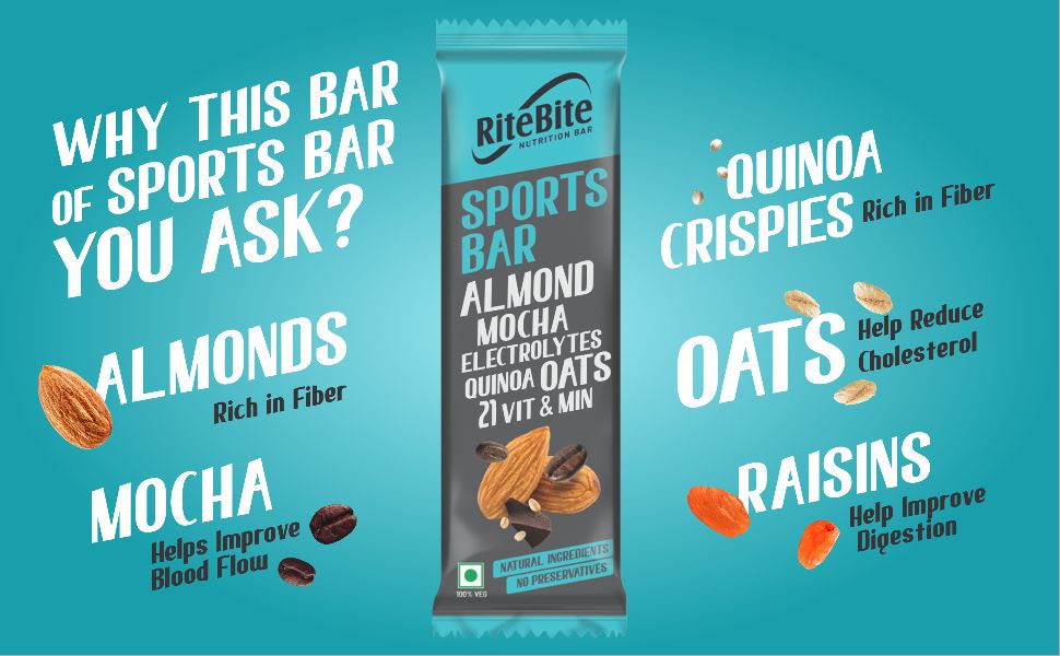 RiteBite 4g Protein Bar, Sport Bar | With Almond, Mocha Electrolytes, Quinoa & Oats | No Cholesterol & Trans Fat Energy Bar, 40g (Pack of 12)