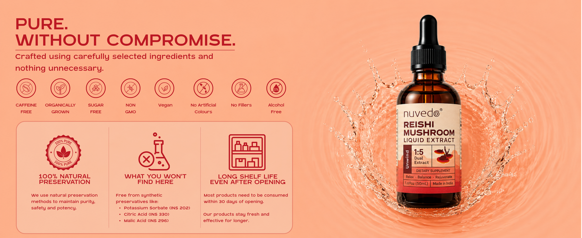 Nuvedo Reishi Mushroom Liquid Extract | 10 mL | 1:5 Dual Extract
