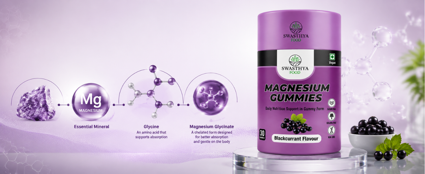 SWASTHYA AATA Magnesium Glycinate Gummies Sugar Free Vegan & Gelatin Free Chewable Magnesium Supplement For Adults Rich In Muscle Relaxation Support Bedtime Relaxation Blackcurrant Flavour