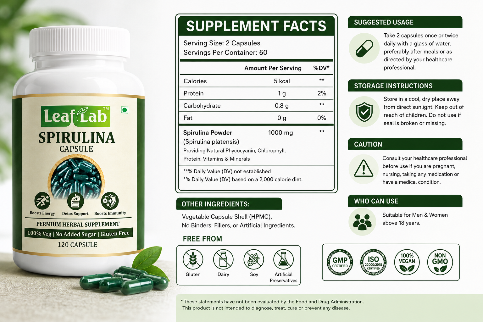 LeafLab Spirulina Capsules 2000mg Per Serving – 120 Veg Capsules | Natural Green Superfood for Energy, Immunity & Detox | Plant Protein, Iron & B12 For Men And Women | No Fillers, Vegan, Gluten-Free