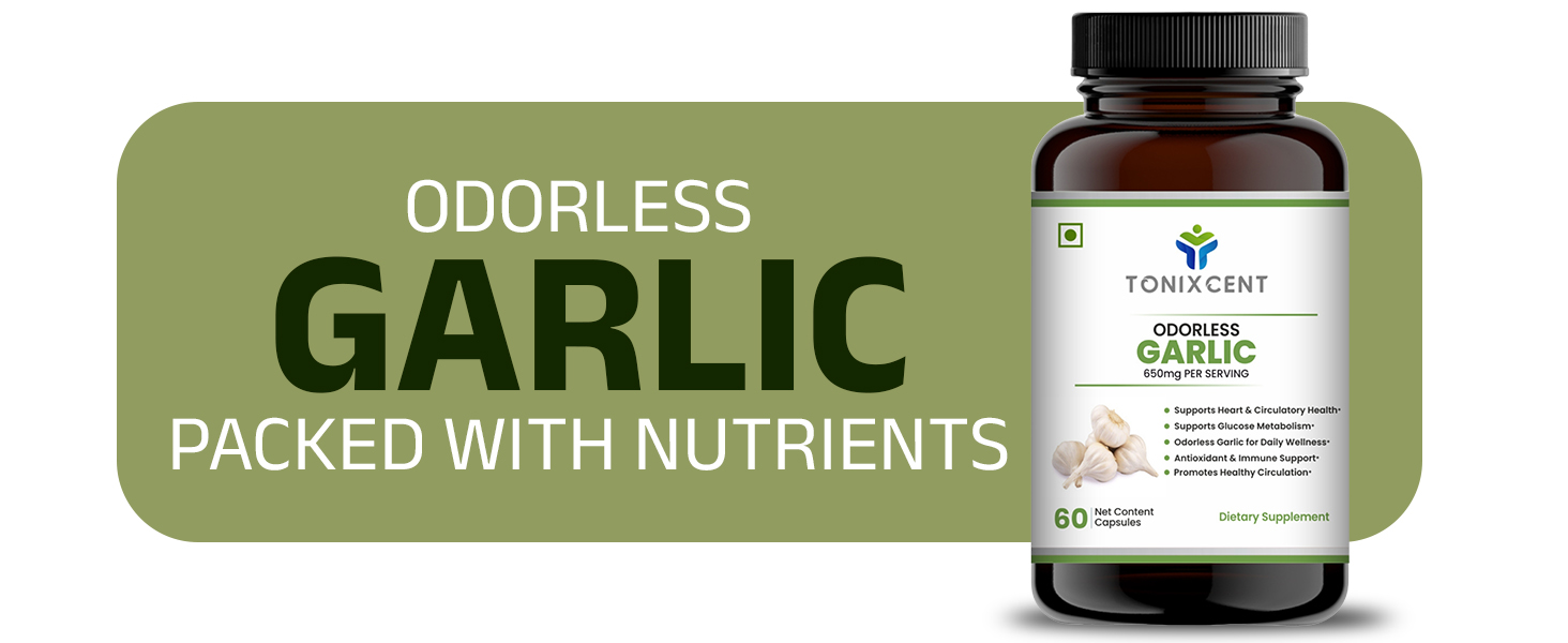 Odorless Garlic Capsules 650mg with Natural Extract, Daily Heart & Circulatory Support, Antioxidant & Immunity Support Supplement, Odor-Free Garlic for Wellness, Veg Capsules for Men & Women – 60 Count