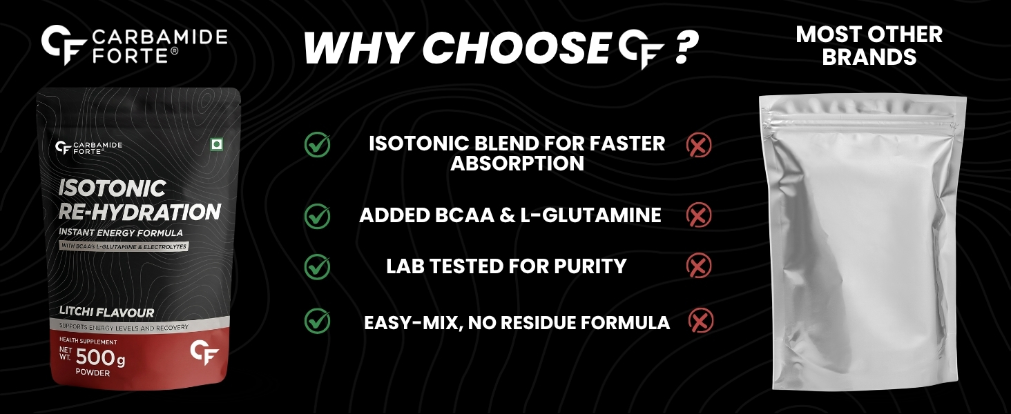Carbamide Forte Isotonic Powder | Pre Workout Supplement For Men And Women| Instant Energy Drink for PreWorkout | Electrolytes Powder with added BCAA & L Glutamine - Litchi Flavour - 500g (Pack of 2)