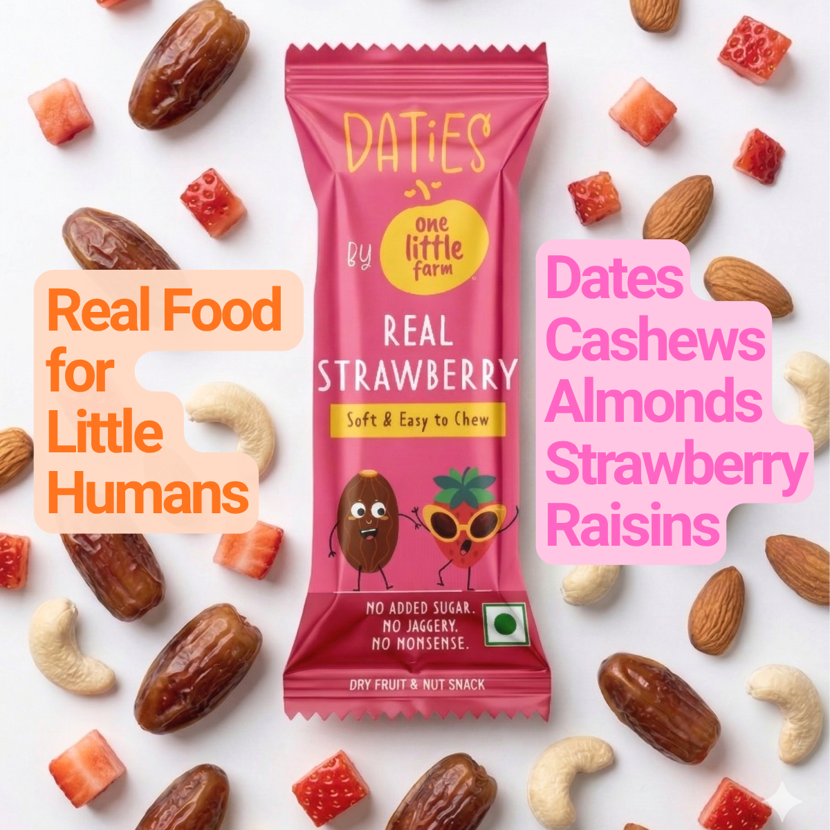 Daties by One Little Farm - Combo Pack Date Bites | Made with Dates, Cashew & Almond | Clean-Label Healthy Snack for Little Ones | Soft and Easy to Chew | No Added Sugar or Jaggery | 20g Each (Pack of 16)