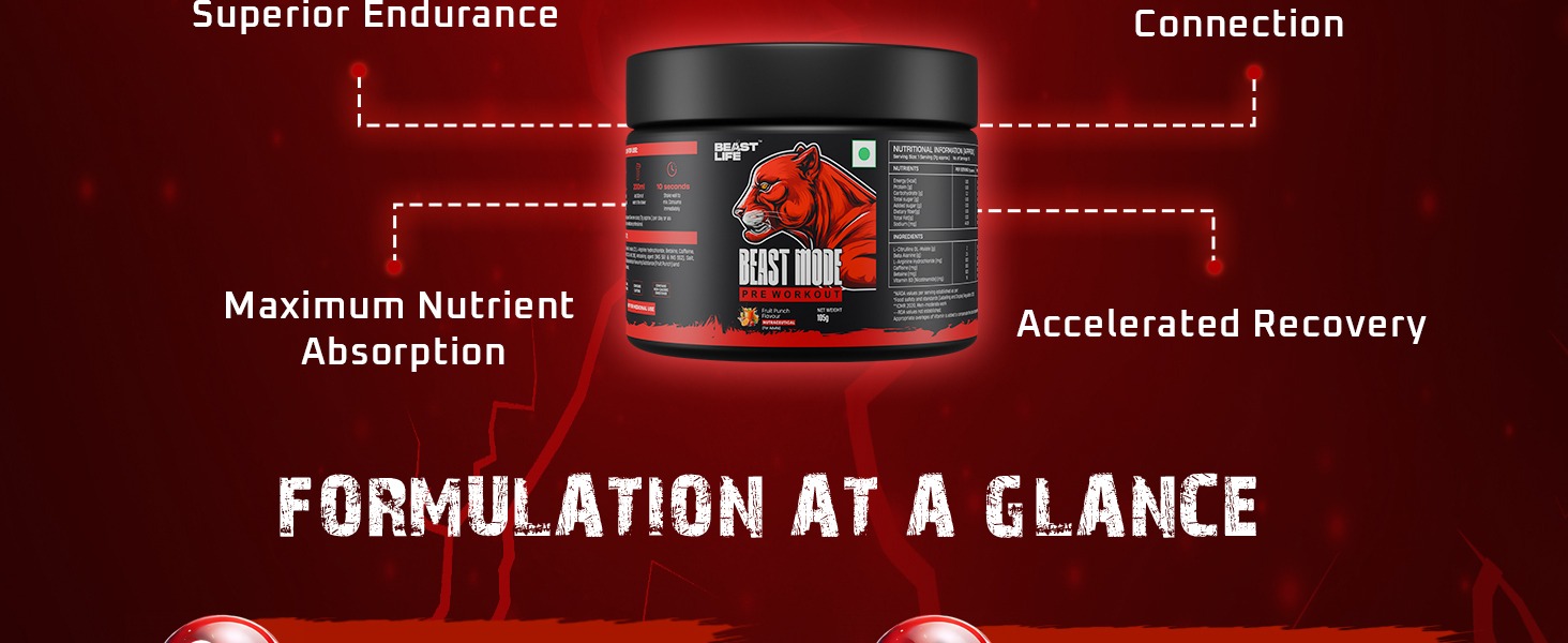 Beastlife Pre-Workout | 105 gm | Fruit Punch Flavor | Boosts Pump & Energy | Speeds Up Recovery | 2000 mg Citrulline | 2500 mg Beta-Alanine | 200 mg Caffeine | 500 mg Betaine