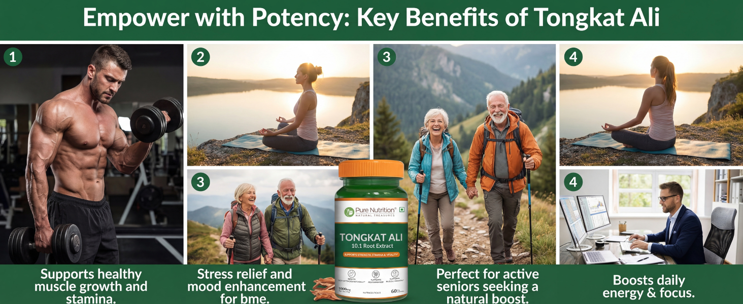 Pure Nutrition Organic Tongkat Ali 1000mg | Tongkatali Capsules for Men Supports Male Wellness | Boosts Energy, Immunity & Stamina | Enhances Stress Tolerance | Natural Herbal Supplement | Gluten-Free - 60 Veg Capsules