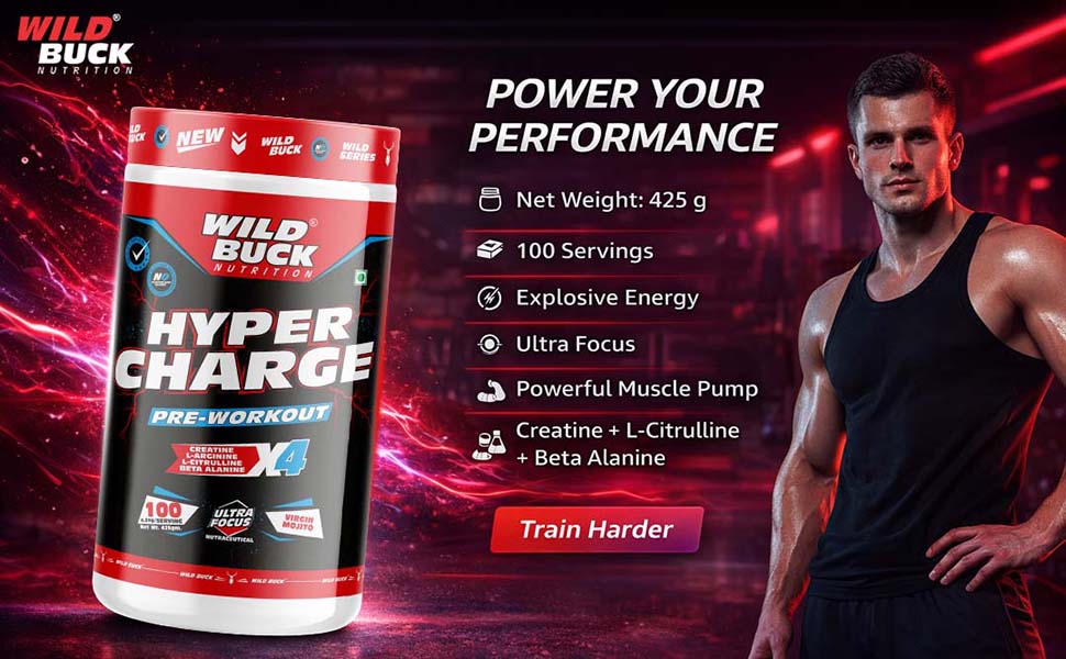 Wild Buck Hyper Charge Pre-X4 Hardcore Pre-Workout Supplement with Creatine Monohydrate, Arginine AAKG, Beta-Alanine & Muscle Pump Formula | Caffeinated Punch for Explosive Energy, Focus & Strength [100 Servings, Virgin Mojito]