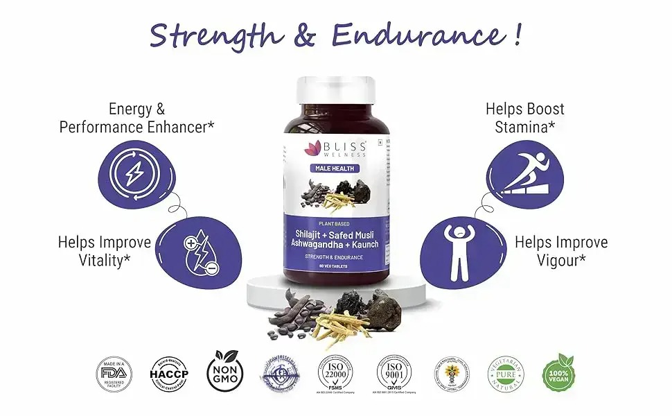 Bliss Welness Testosterone Supplement | Shilajit Ashwagandha Kaunch Beej Safed Musli Akarkhara Extract | Energy Performance Ayurvedic Health Supplement - 60 Vegetarian Tablets