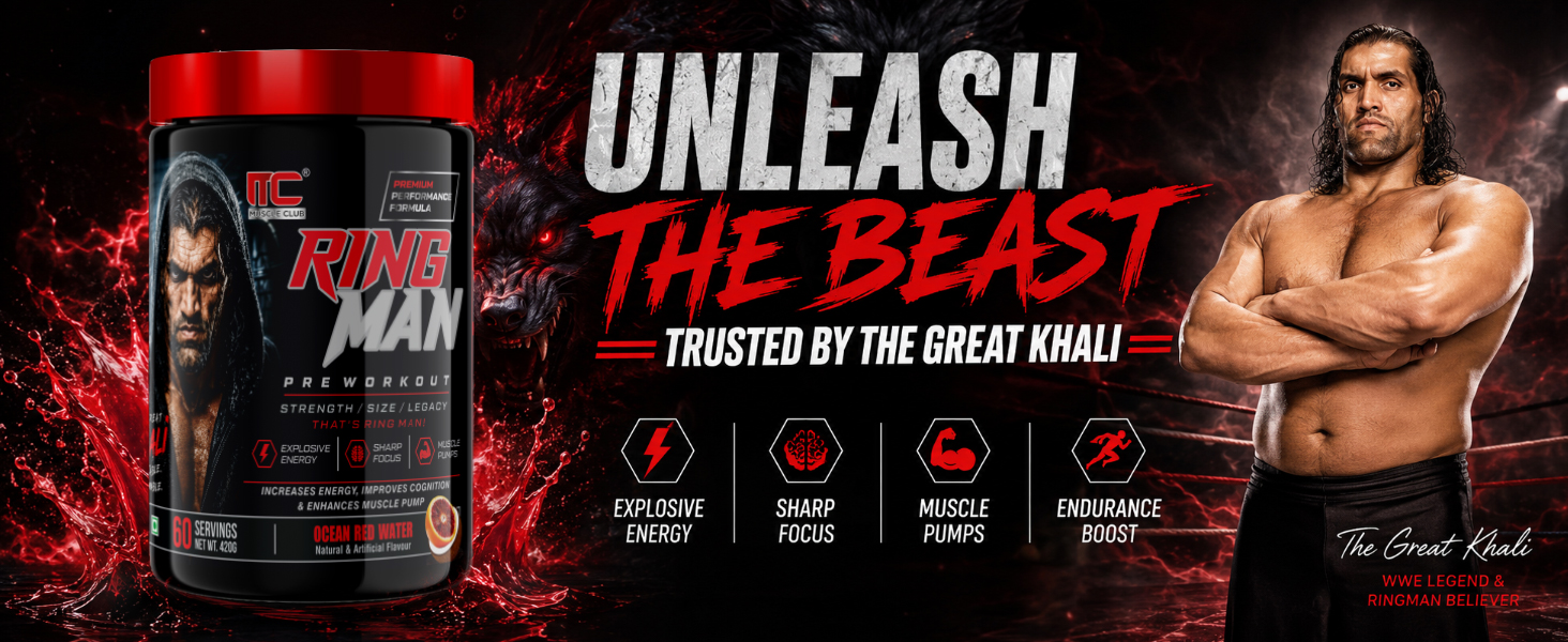 Muscle Club Ring Man Pre Workout Ocean Red Water Flavour | AMP Powered | By The Great Khali | High Stim Pre workout with 2000mg Beta-Alanine & 200mg Caffeine | Energy & Focus Booster