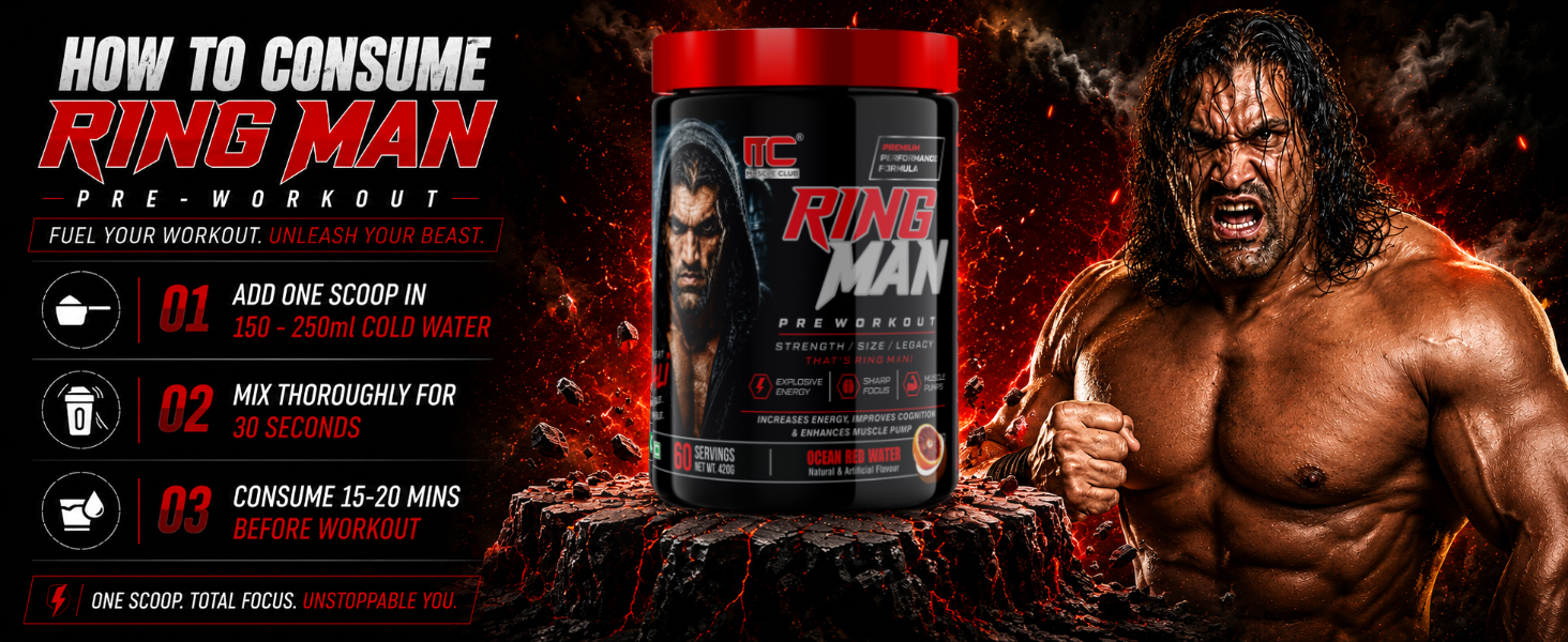Muscle Club Ring Man Pre Workout Ocean Red Water Flavour | AMP Powered | By The Great Khali | High Stim Pre workout with 2000mg Beta-Alanine & 200mg Caffeine | Energy & Focus Booster