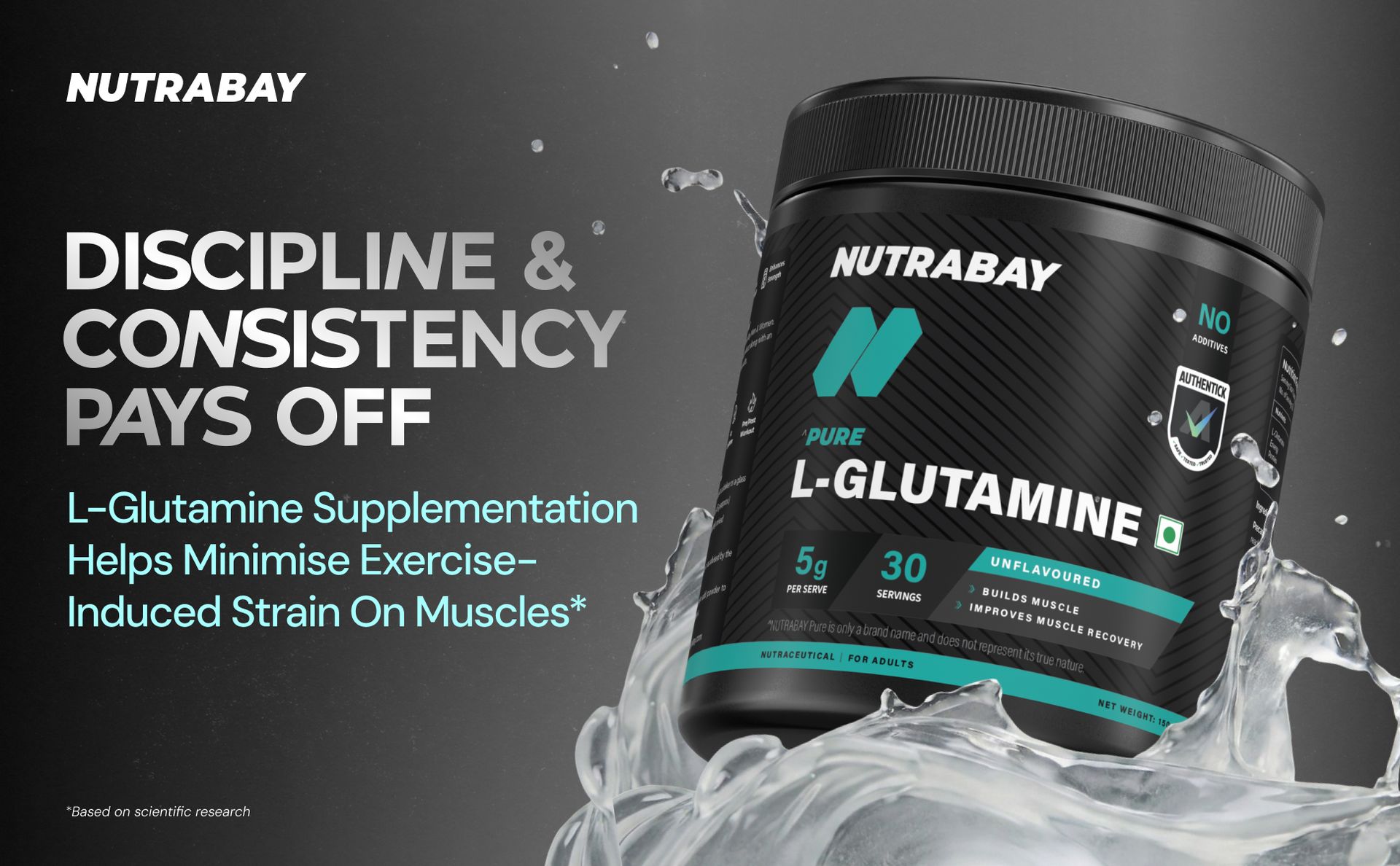 Nutrabay Pure L-Glutamine Powder 5000mg, Amino Acid - Post Workout Supplement for Muscle & Immunity Build Up - 150g, Unflavoured | 100% Authentic Supplement | No Banned Substances | Tested for Purity