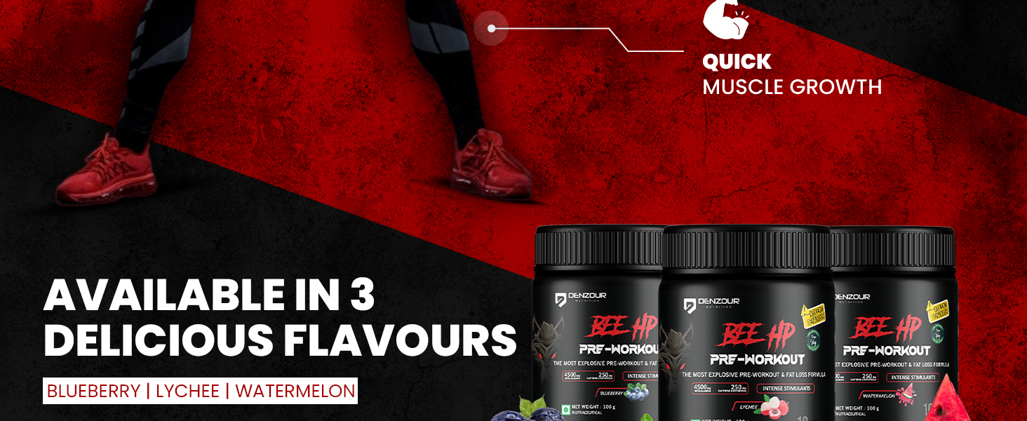 DENZOUR NUTRITION Bee-HP Pre-Workout Powder, Energy, Strength & Muscle Pump, 200mg Caffeine, 750mg Creatine Monohydrate, 2500mg Beta-Alanine, Blueberry Flavour, 100g, 10 Servings
