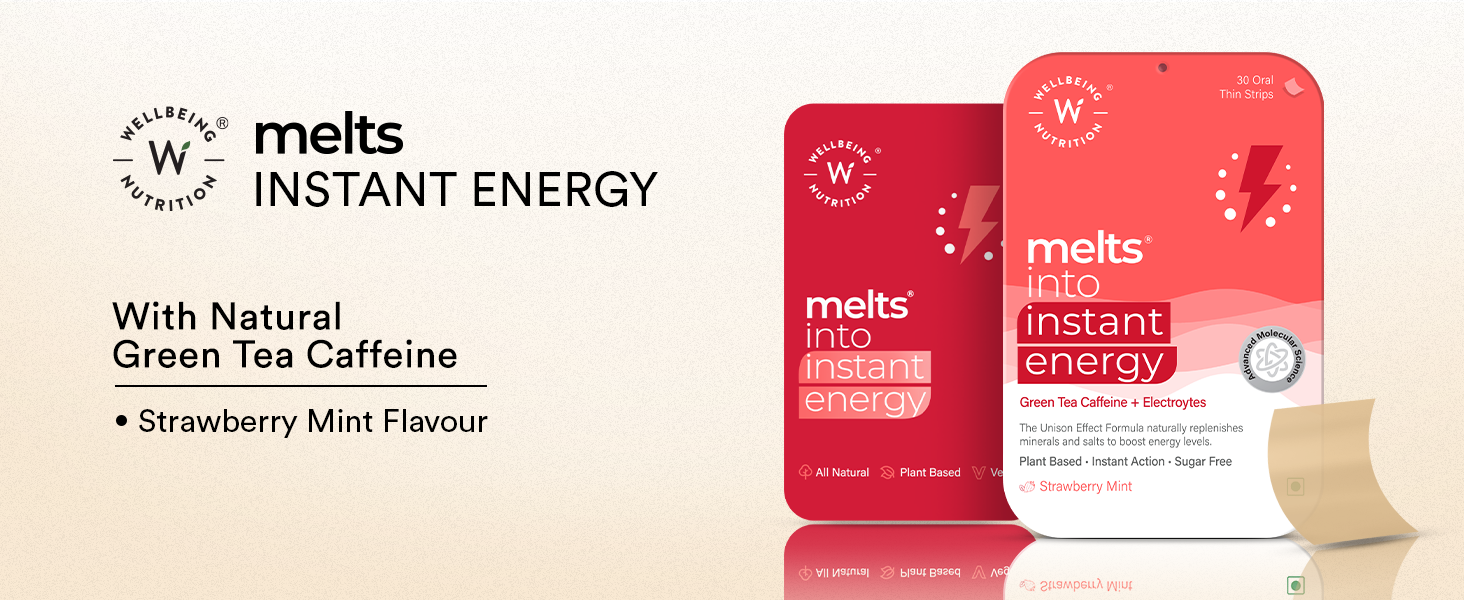 Wellbeing Nutrition Melts Instant Energy, 100% Plant Based Green Tea Caffeine, Essential Electrolytes and Vitamins for Endurance, Sports Hydration, Pre Workout Energy Boost, 30 Oral Strips