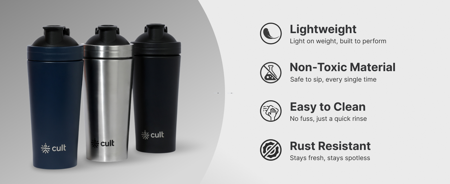 CULT Stainless Steel Shaker Bottle 700ML BPA-Free, Leakproof Gym Shaker with Wire Mixer Ball Durable, Rust-Resistant Protein Shaker Bottle for Smooth Shakes, Fitness & Daily Use Unisex - Black