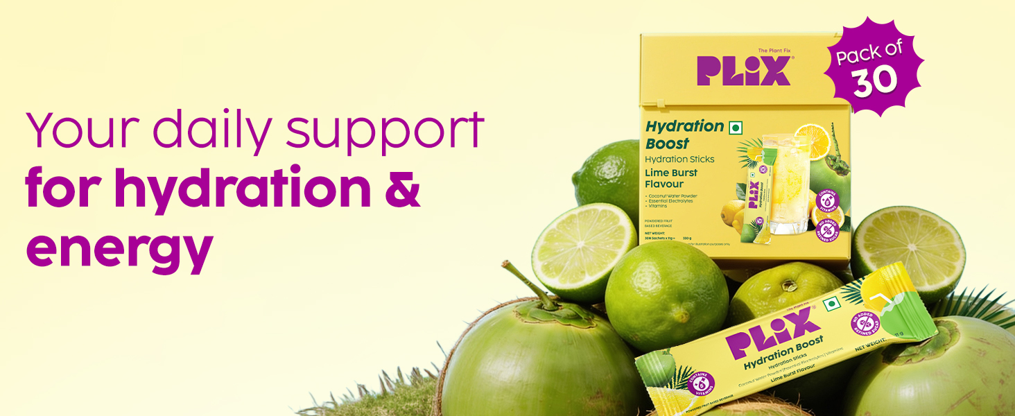 Plix Hydration Boost Electrolyte Powder | Hydration Drink Mix with Coconut Water, Sodium & Potassium | Lime Burst Flavour| Supports Energy, Hydration & Recovery | Pack of 30 | No Added Refined Sugar
