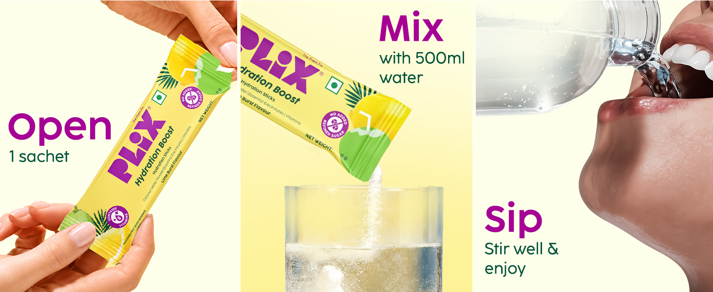 Plix Hydration Boost Electrolyte Powder | Hydration Drink Mix with Coconut Water, Sodium & Potassium | Lime Burst Flavour| Supports Energy, Hydration & Recovery | Pack of 30 | No Added Refined Sugar