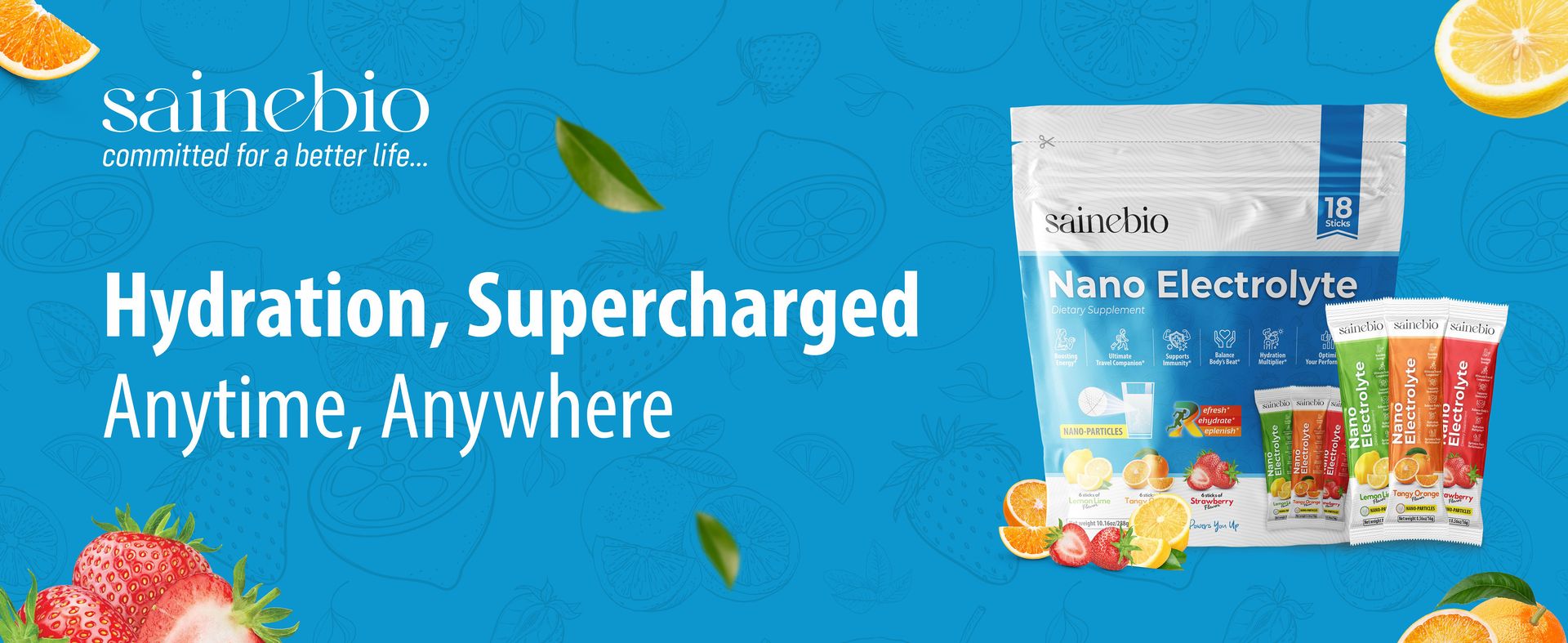 Sainebio Nano Electrolyte Powder Mix Flavour | Hydration & Energy Drink | With Potassium, Vitamin C & B-Complex | Electrolyte Balance Support | 18 Sachets