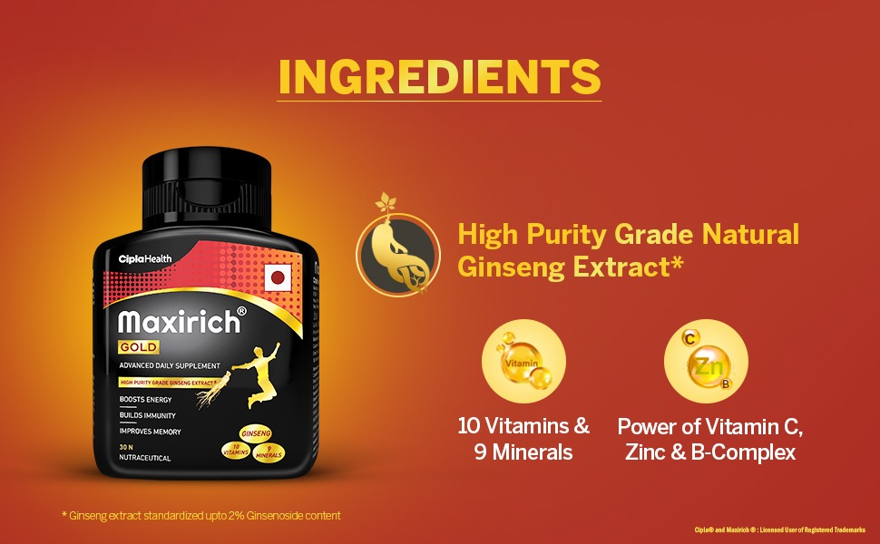 Cipla Maxirich Gold Daily Multivitamin (30 Softgels) with high purity grade Ginseng Extract*, 10 Vitamins and 9 Minerals | Boosts Energy & Immunity | Reduces Fatigue | Helps Improve Mental Alertness