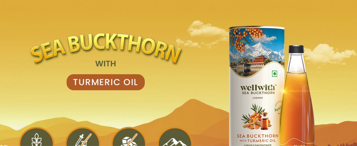 Wellwith (Ayuzera) Sea Buckthorn with Turmeric Curcumin Oil – 300ml (Pack of 1) |Pulp Juice for Joint Health, Immunity & Skin | Omega 3 6 7 9 & Antioxidants