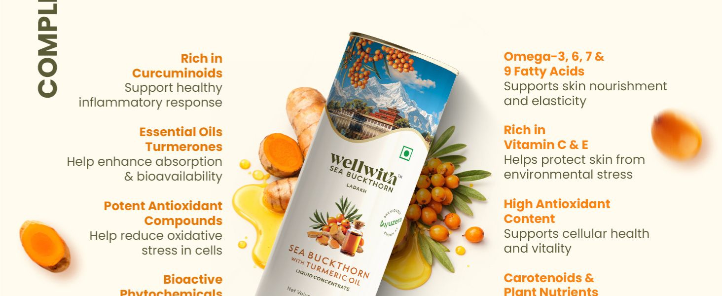 Wellwith (Ayuzera) Sea Buckthorn with Turmeric Curcumin Oil – 300ml (Pack of 1) |Pulp Juice for Joint Health, Immunity & Skin | Omega 3 6 7 9 & Antioxidants