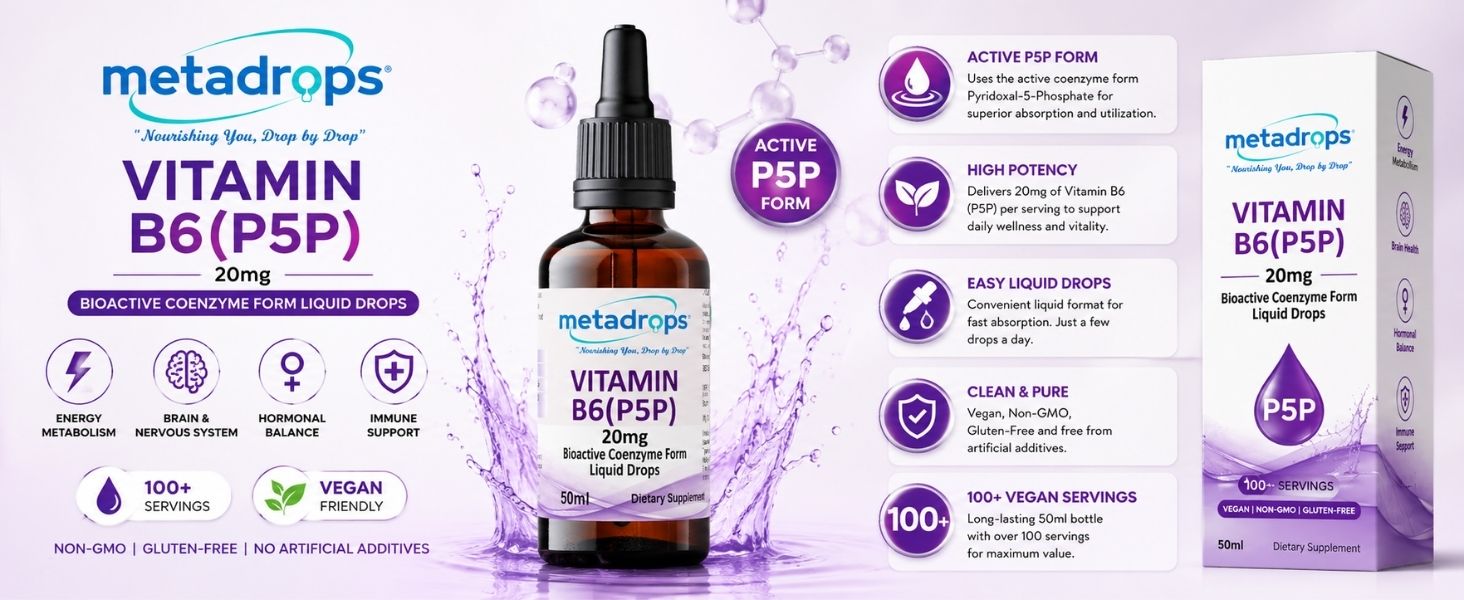 Advanced Vitamin B6 (P5P) Liquid Supplement – 20mg Active Form for Maximum Bioavailability – Supports Energy, Brain Health & Hormonal Balance – 100+ Vegan Servings (50ml) – Non-GMO & Gluten-Free