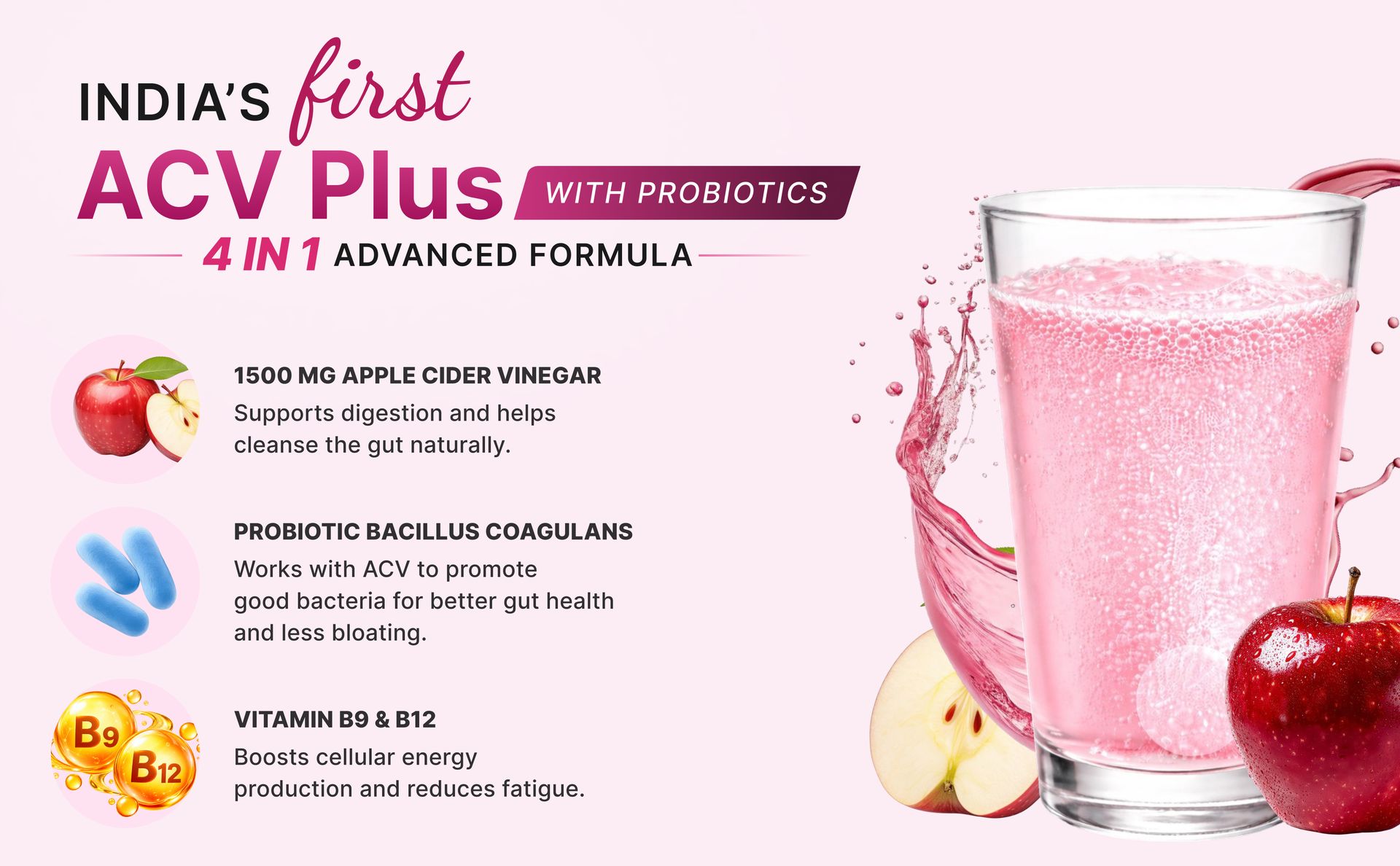 ACV Plus Effervescent Tablets 1500mg Apple Cider Vinegar with Probiotics & Vitamin B9 B12 | Clinically Proven Ingredients for Weight Management, Craving Control, Gut Health & Detox | No Added sugar