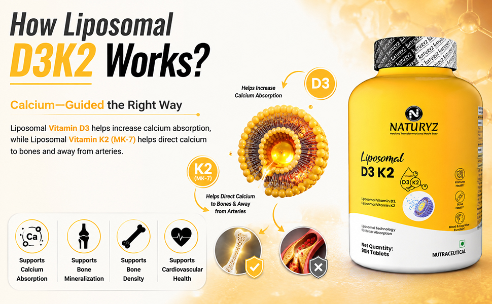 NATURYZ Liposomal Vitamin D3 K2 Supports Stronger Bones, Muscles, Immunity & Calcium Absorption | Advanced Liposomal Technology for Enhanced Nutrient Delivery | Plant based Lichen Vitamin D3 | Daily Wellness Supplement for Men & Women | 90 Veg Tablets
