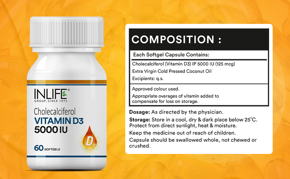 INLIFE Vitamin D3 5000 IU Cholecalciferol Supplement, 60 Softgels