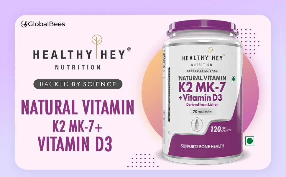 HealthyHey Natural Vitamin D3 + K2 MK-7, Lichen-Derived D3 600 IU, K2 55 mcg, 120 Vegetarian Capsules