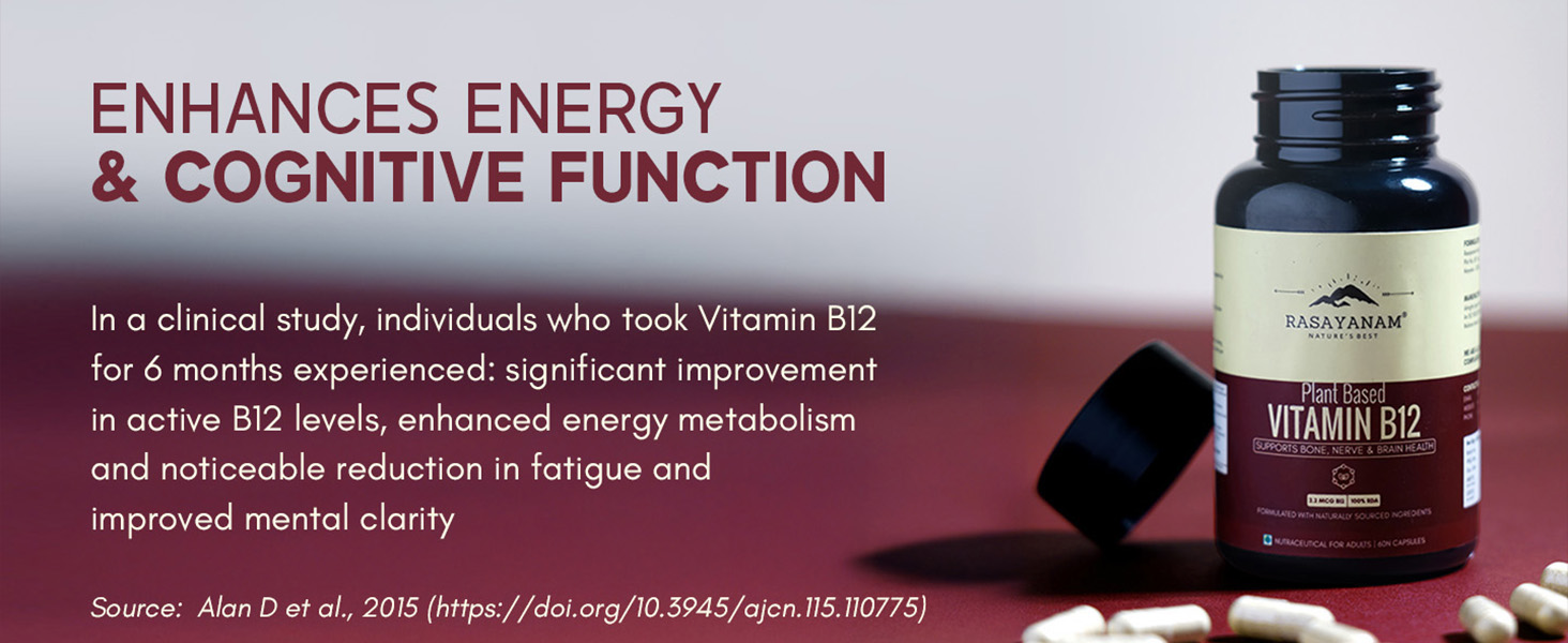 Rasayanam Plant-Based Vitamin B12 | 100% Vegan Vitamin B12 | Enriched with 7 Superfoods like Moringa, Amla & More | Supports Energy, Nerve Health & Brain Function | 60 Veg Capsules