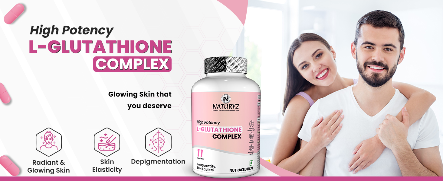 NATURYZ High Potency L-Glutathione 1000mg per serving Glow Supplement for Women & Men | Highest 11 Nutrients | Skin Peptide Complex for Depigmentation | Antioxidant Blend | Glutathione Builder for Radiant & Brightening Skin - 50 Tablets