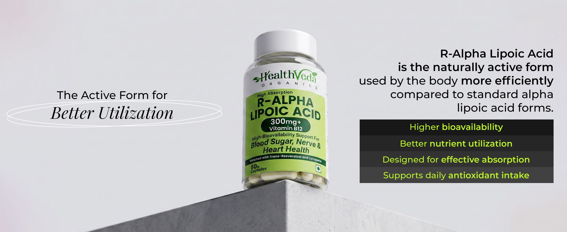 Health Veda Organics R-Alpha Lipoic Acid 300 mg with Vitamin B12, Trans-Resveratrol & Lycopene | High Absorption ALA for Blood Sugar, Nerve & Heart Health Support | 60 Veg Capsules