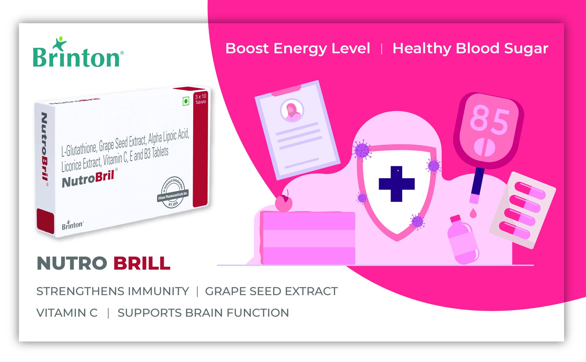 Brinton NutroBril Tablets with Glutathione, Vitamins C, E, B3 & Grape Seed Extract | Contains Alpha Lipoic Acid | Supports Energy Levels & Healthy Blood Sugar | 30 Tablets