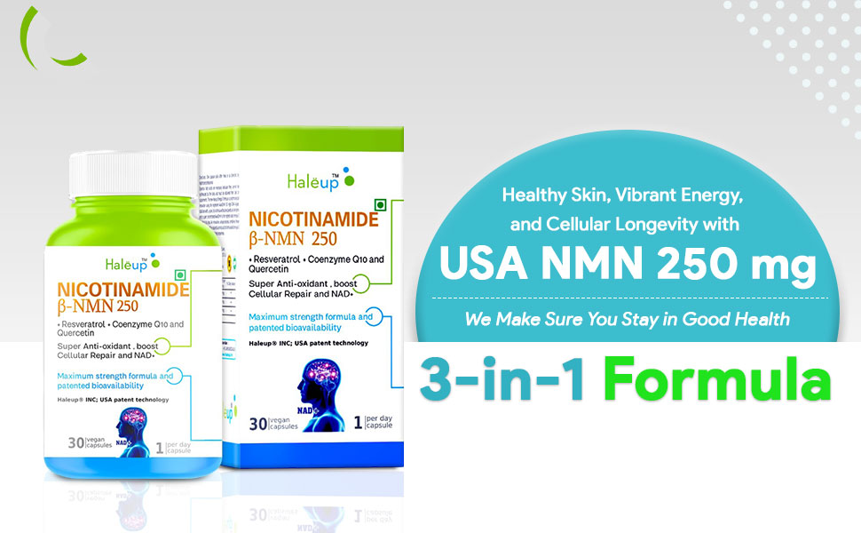 Haleup USA NMN 250 mg 3-in-1 Formula, Enriched with Resveratrol, Quercetin and CoQ10 |99.9% Pure |Healthy Ageing|Cellular Repair|Boost NAD+| Energy Levels| Skin Health