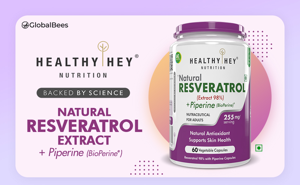 HealthyHey Nutrition Resveratrol Extract 98% Plus BioPerine for Absorption - 255mg - 60 Vegetable Capsules (Pack of 1)
