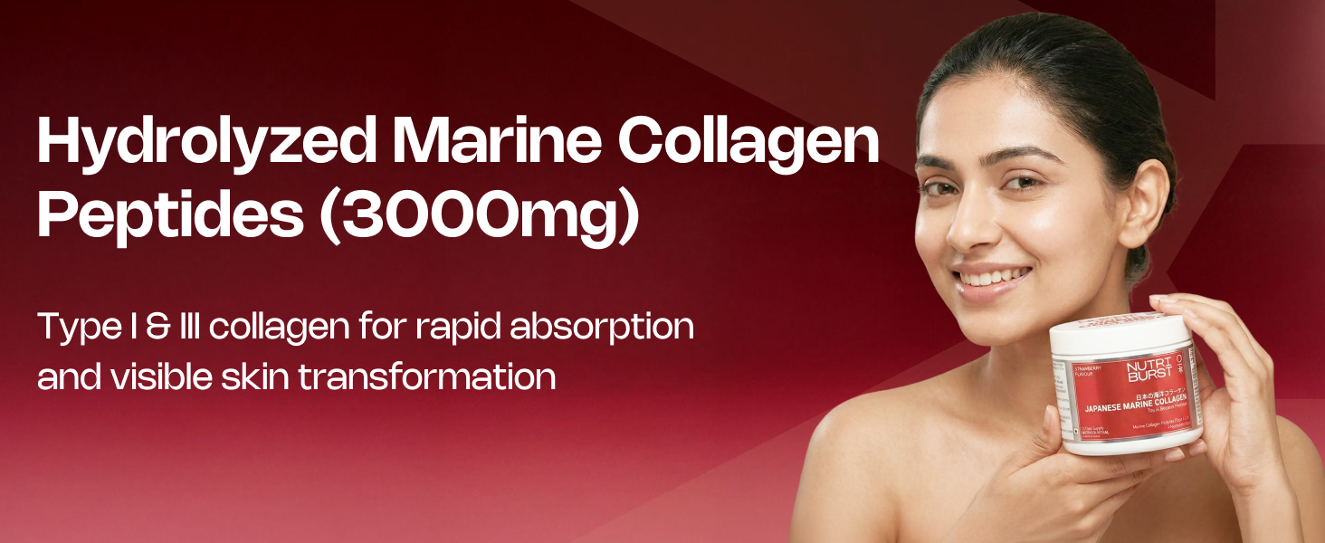 Nutriburst Japanese Marine Collagen Powder (Type I & III), 200g with 300ml Bottle | For Skin, Hair, Nails & Joints | Strawberry Flavour | High Absorption Collagen for Men and Women | Pack of 2