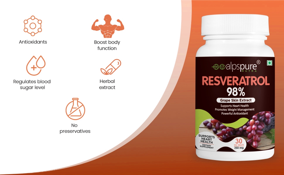 Alpspure Nutra Resveratrol 98% (Grape Skin Extract), 30 Tablets |Supports Heart Health and Weight Management | Powerful Natural Antioxidant | Anti-ageing & Anti-inflammatory | For Men & Women