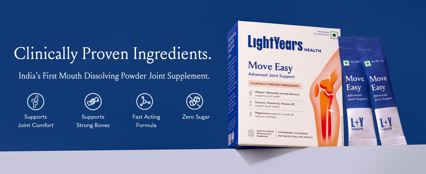 LightYears Move Easy | Advanced Joint Support Supplement | Clinically Proven Ingredients | Boswellia Serrata, Magnesium, Calcium, Vitamin D, Vitamin K2-7 | Mouth-Melting Powder | 30 Sachets