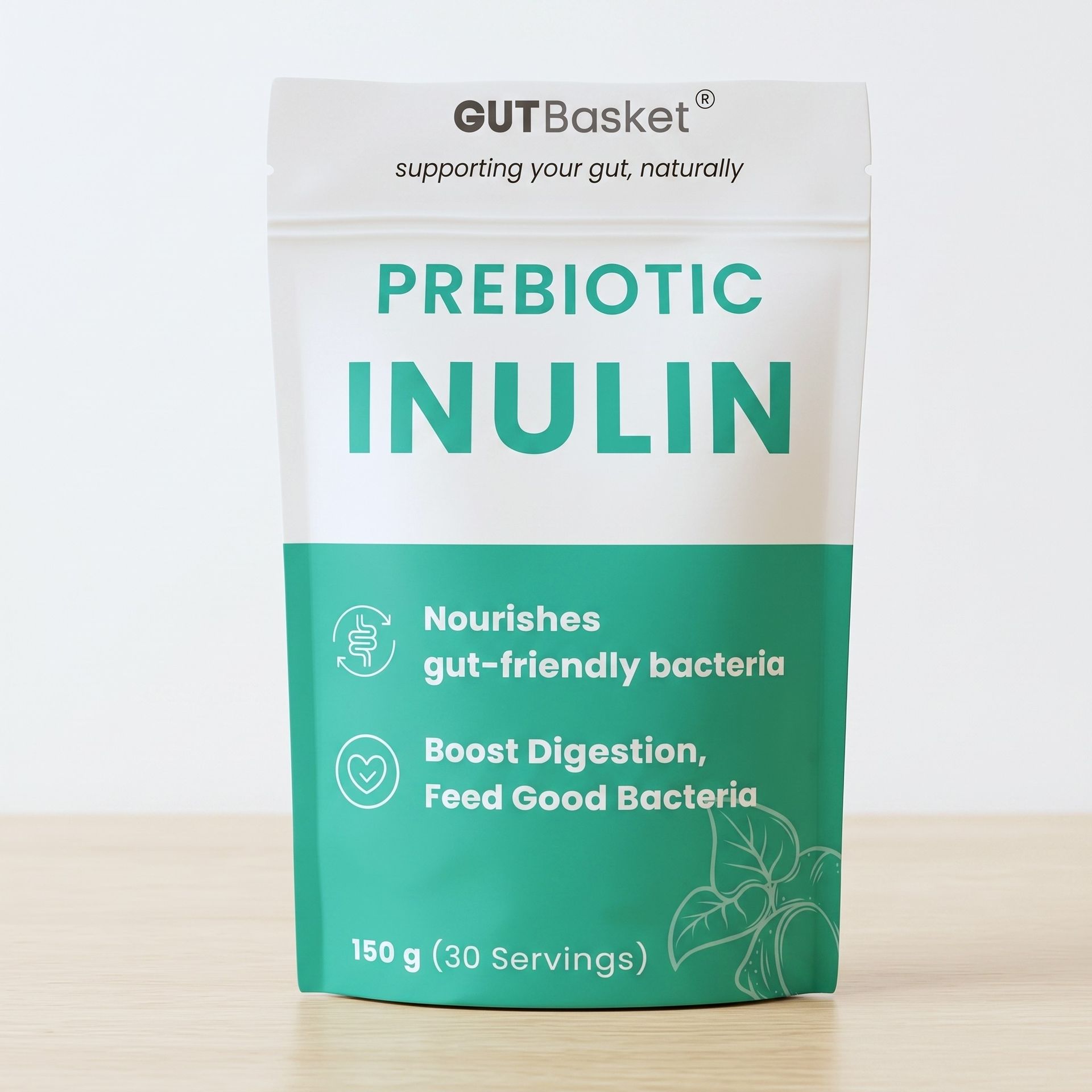 Gutbasket Pure Inulin Powder (250g) - Prebiotic Fiber for Gut Health & Digestive Wellness - Vegan, Non-GMO, Gluten-Free - Ideal for Smoothies, Coffee, and Baking