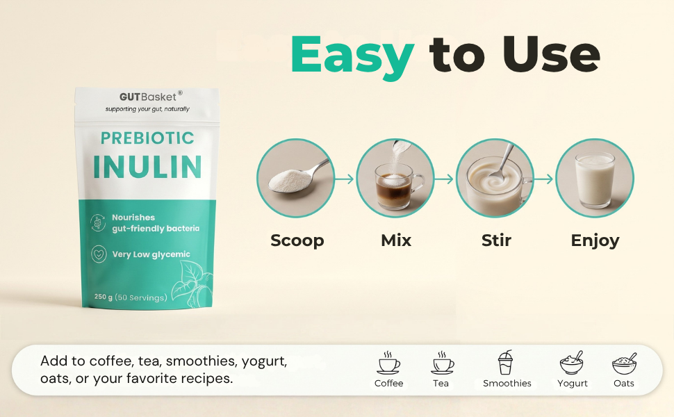 Gutbasket Pure Inulin Powder (250g) - Prebiotic Fiber for Gut Health & Digestive Wellness - Vegan, Non-GMO, Gluten-Free - Ideal for Smoothies, Coffee, and Baking