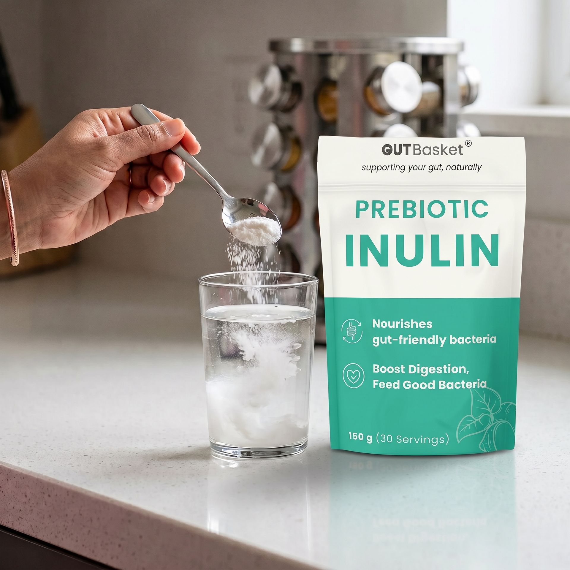 Gutbasket Pure Inulin Powder (250g) - Prebiotic Fiber for Gut Health & Digestive Wellness - Vegan, Non-GMO, Gluten-Free - Ideal for Smoothies, Coffee, and Baking